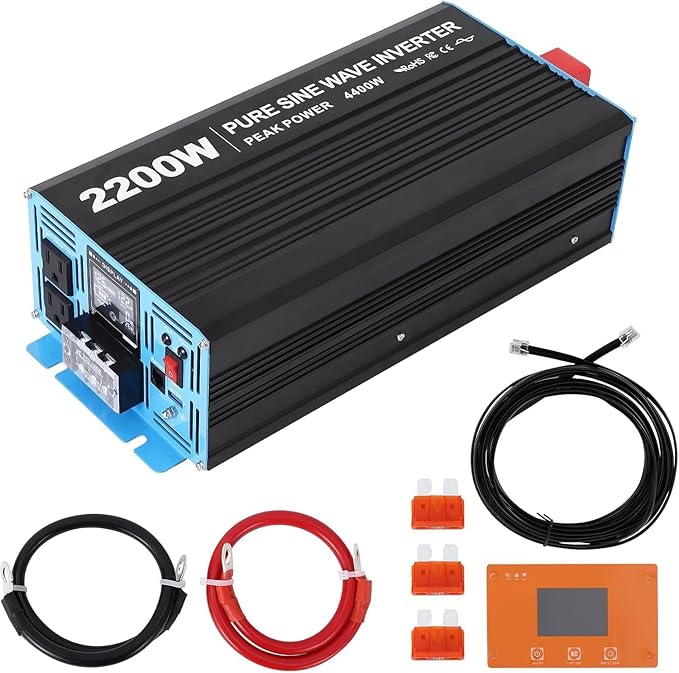 2200W Pure Sine Wave Inverter,1 USB Port 5v/2.4a,LCD Display&Remote Controller for Home, RV, Truck