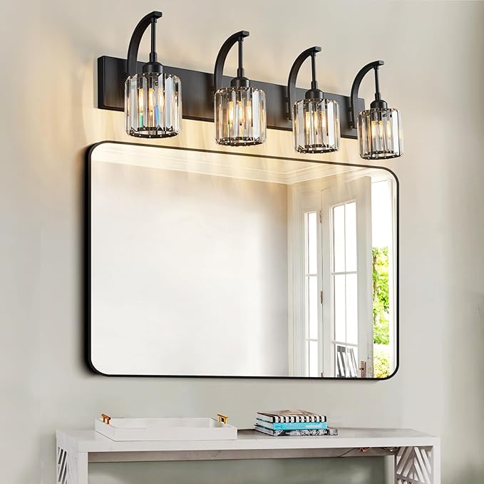 FDPBY 6-Light Crystal Vanity Light, Black Modern Wall Sconce with K9 Crystal Shades, 51.18" Long Over Mirror Lighting for Bathroom, Makeup, Hallway, Elegant & Easy Install