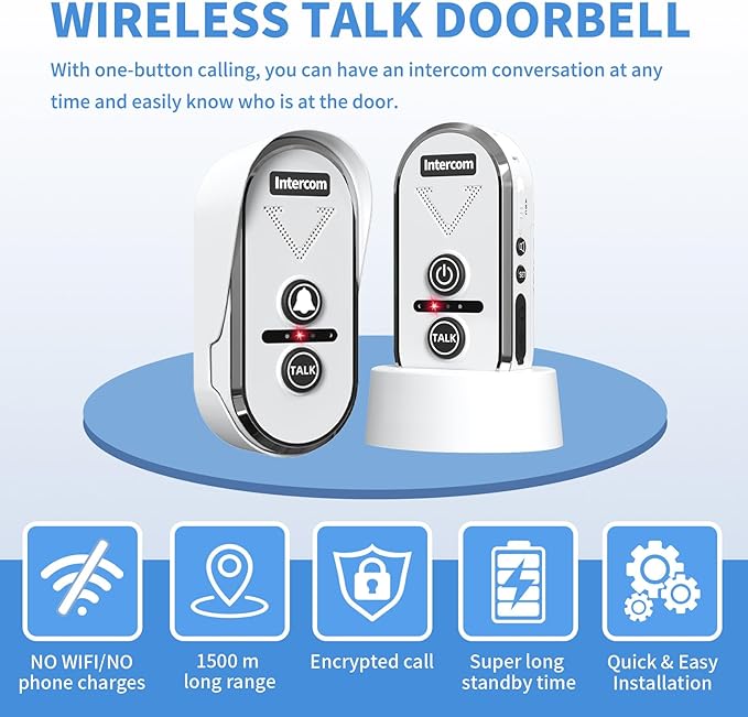 PANDAAR Doorbell Wireless for Home, Wireless Intercom System 4900ft Long Range Waterproof Doorbell Intercom with Rechargeable Battery for House Classroom Business(Black) (1 Indoor&1 Outdoor-White)