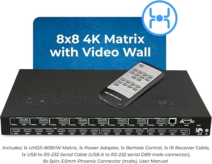 OREI 4K 8x8 Seamless HDMI Matrix Switch Video Wall Controller HDMI Processor Upto 4K 60hz 4:4:4 8-bit - HDMI 2.0, HDCP 2.2, 18 Gbps, UltaHD 4x2, 2x2, 1x4, 1x2, 4x1 Remote Control (UHDS-808VW)