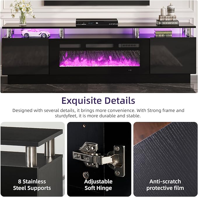 oneinmil Fireplace TV Stand with 36” Electric Fireplace, 2 Tier TV Console Stand for TVs Up to 90"", LED Light Entertainment Center, Fireplace for The Living Room TV Stand, Black, 80''