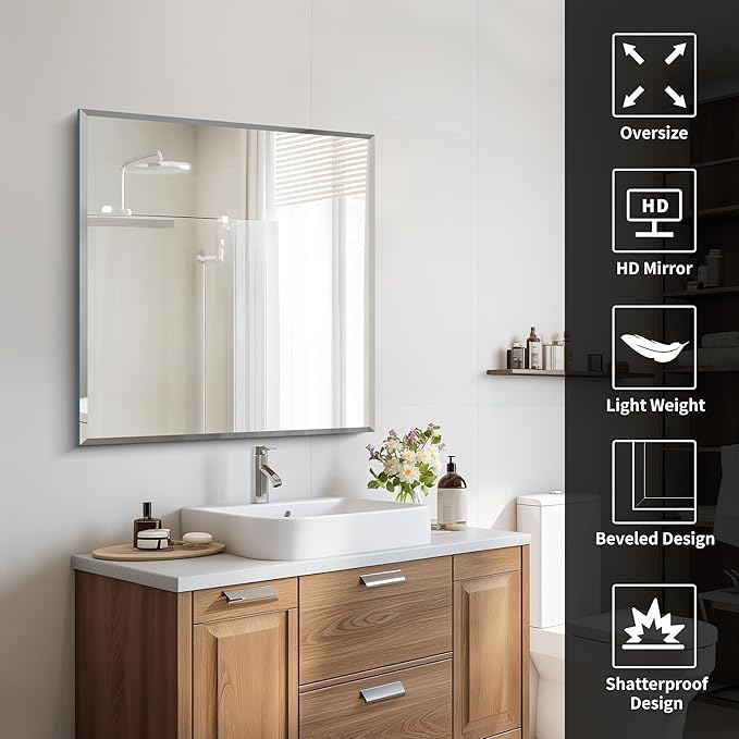 CILIBER Beveled Mirror, 30x30 inch Square Bathroom Mirrors for Wall, Upgraded Shatterproof Frameless Vanity Mirror Over Sink with Beveled Edge for Bathroom,Bedroom,Living Room and Entryway