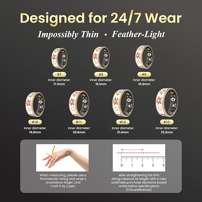 Enamel Craft Smart Ring for Women & Men - No Subscription Fee Fitness Tracker with Sleep Tracking, Heart Rate, SpO2 - IP68 Waterproof for iPhone Android - Activity Tracker, Remote Camera Size9