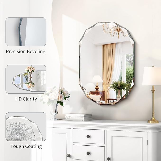 GLASHOM Beveled Edge Frameless Bathroom Mirror, Oval Wall Mirror for Over Sink, 16" x 24" Modern Decorative Vanity Mirror for Bedroom, Living Room, Entryway, Hanging Mirror Horizontal or Vertical