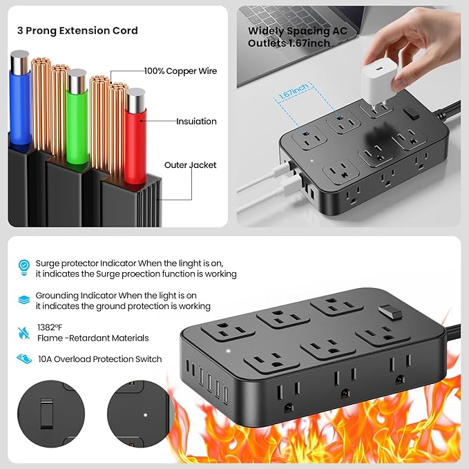 Solidock Flat Plug Power Strip Surge Protector with 12 AC Outlets 6 USB Ports 3 Side Multi Plug Outlet Extender 15 Ft Extension Cord for Home Office Kitchen Dorm Wall Desk Charging Station ETL Listed