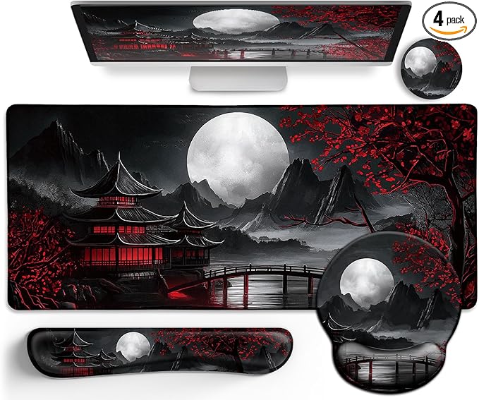 LIMKRIAN Japanese Mouse Pad Large Desk Mat Set, XXL Anime Full Moon Ergonomic Mousepad with Wrist Rest, Wrist Support Gaming Keyboard Mat Cup Coaster Set, Japanese Style Office Desk Accessories