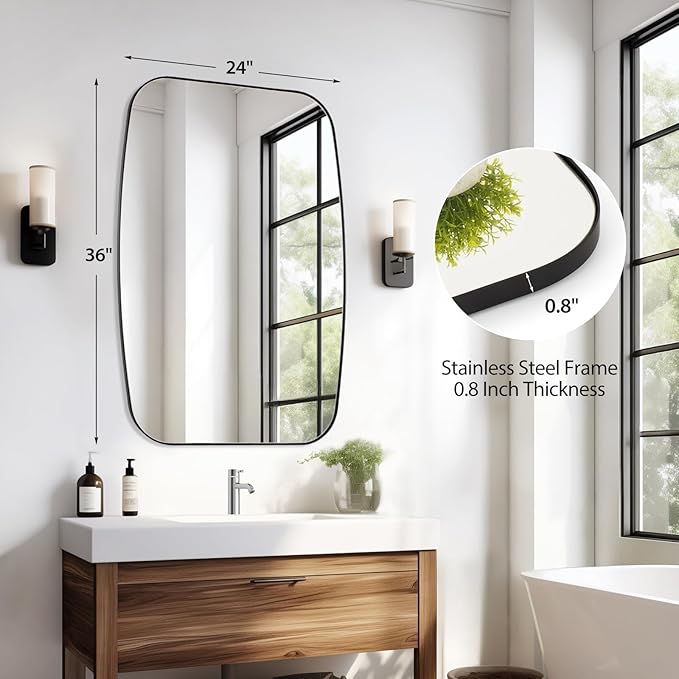 Black Oval Mirror, 24"×36" Bathroom Mirror for Wall Vanity with Stainless Steel Metal 0.8" Thin Frame, Oblong Bathrrom Mirror Modern Anti Rust