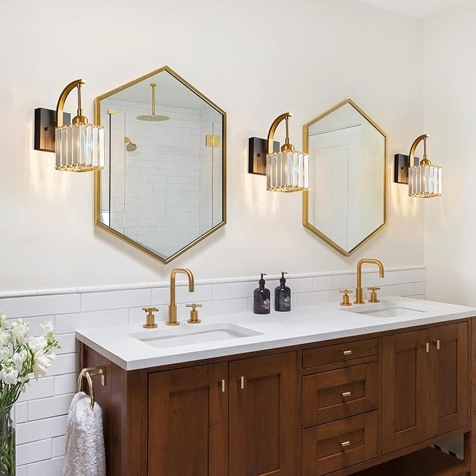 FDPBY Wall Sconces, Set of 2 Black Gold Crystal Vanity Lights, Modern Wall Lamp for Bathroom, Hallway, and Makeup, Easy Installation