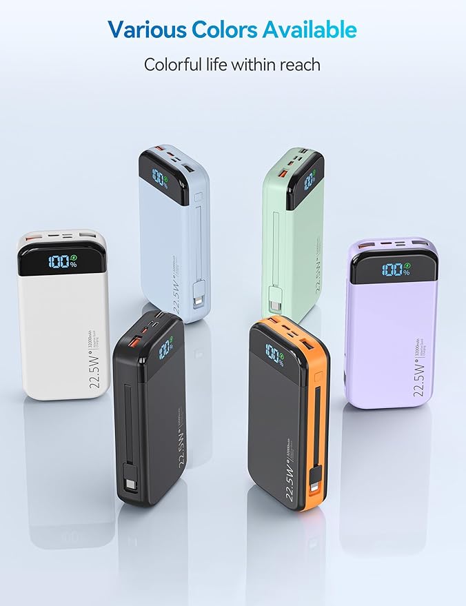 LENGSUM Portable Charger Power Bank 32000mAh with Built in Cables, PD3.0 USB C Fast Phone Charger, 5 Outputs LCD Display Travel Battery Pack Compatible with iPhone, Samsung All Cell Phones (White)