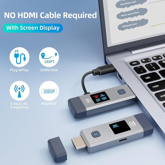 Wireless HDMI Transmitter and Receiver 328ft/100m for 4K Decode Input 1080P Output Plug&Play Portable 2.4G/5.8G for Video and Audio to Monitor from PC/Projector/TV Box, with Display Screen