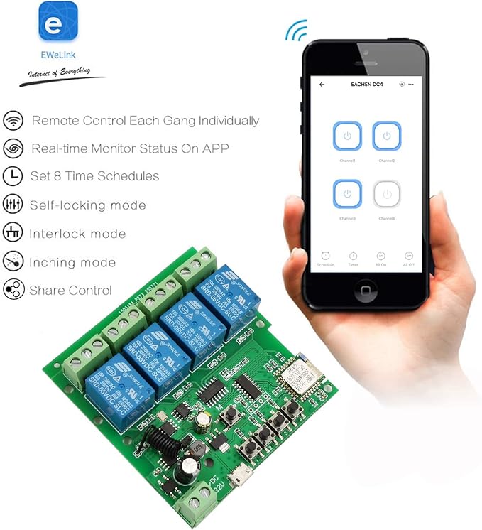 Newgoal 4 Channels WiFi Wireless Smart Switch Inching Self-Locking Relay Module,for DIY Access Control, Garage Door Opener with 433RF Remote Control （Ewelink App）