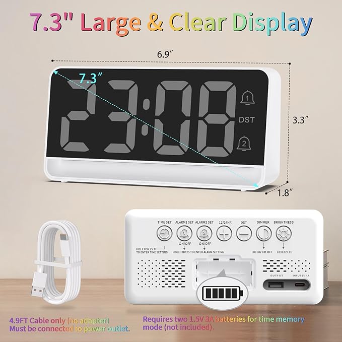 Alarm Clocks for Bedrooms, Digital Bedside Clock with RGB Night Light, Adjustable Volume for Heavy Sleepers, USB Charger, Large Display, Modern Decor for Desk, Dimmable Alarm Clock for Kids(Colorful)