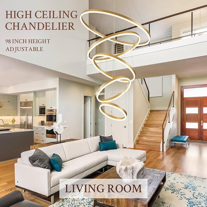5-Rings D31.5in Modern LED Chandelier Gold Dimmable High Ceiling Chandeliers - Image 5
