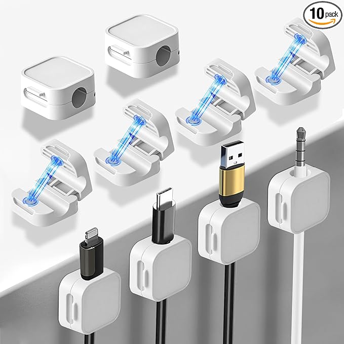 10 Pack Desk Cable Strong Adhesive Management Clips，Organize Phone Charging Magnetic Cable wire Holder, easy to open, for Desk, Wall, Office, Car,Nightstand(White)