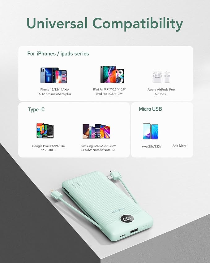 VEGER Portable Charger with Built-in AC Plug and Cables, All in One 10000mAh Ultra Slim Power Bank Travel Essentials, 15W Fast Charging Battery Pack Compatible with iPhone, Samsung, Android (Green)
