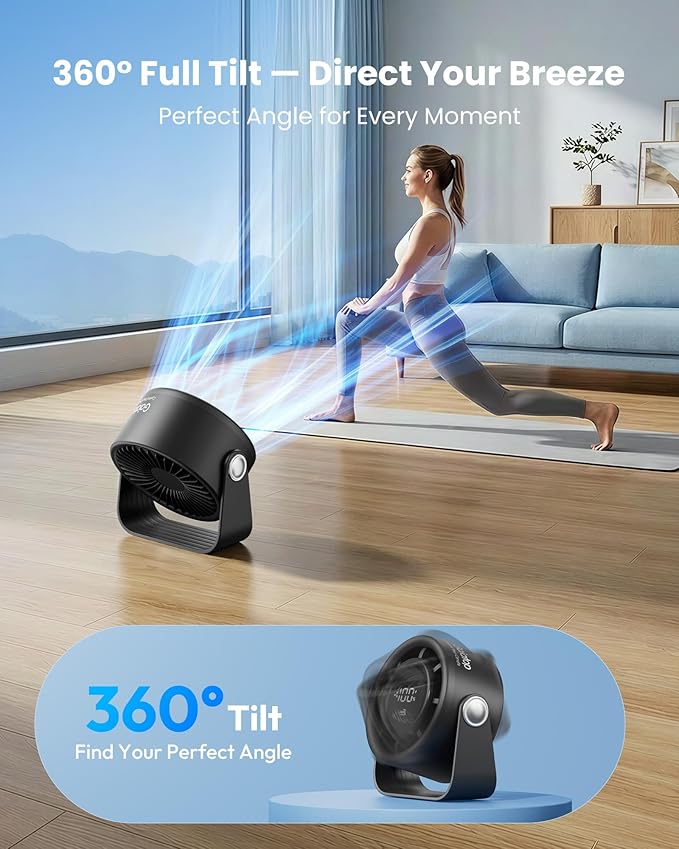 Gaiatop Small Desk Fan Rechargeable, 5in Personal Fan 4000mAh Battery Powered, Touch Control LED Display, 360° Tilt, 5-Speed Strong Wind, Bedroom Dorm Office Desk Accessories, Gifts for Women Men