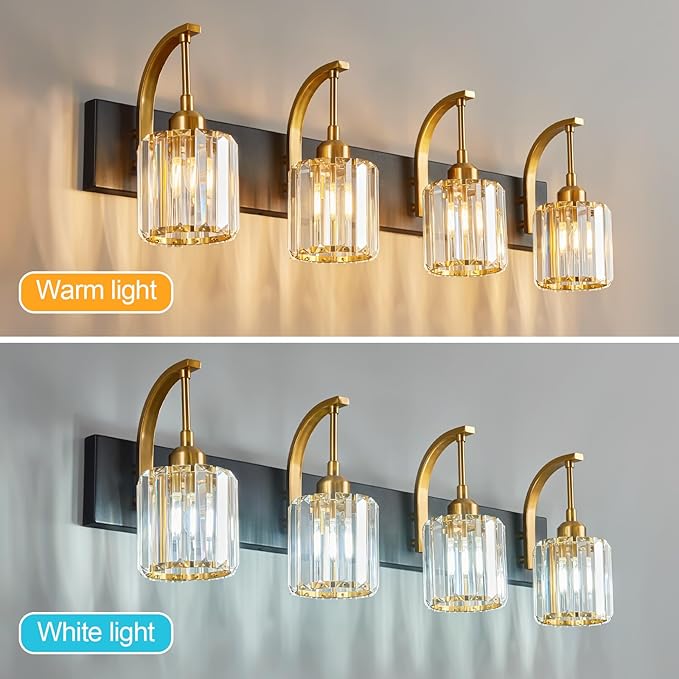 FDPBY 4-Light Crystal Vanity Light, Modern Black Gold Bathroom Wall Sconce with K9 Crystal Shades, 32.67" Long Over Mirror Lighting for Vanity, Makeup, Hallway, Elegant & Easy Install