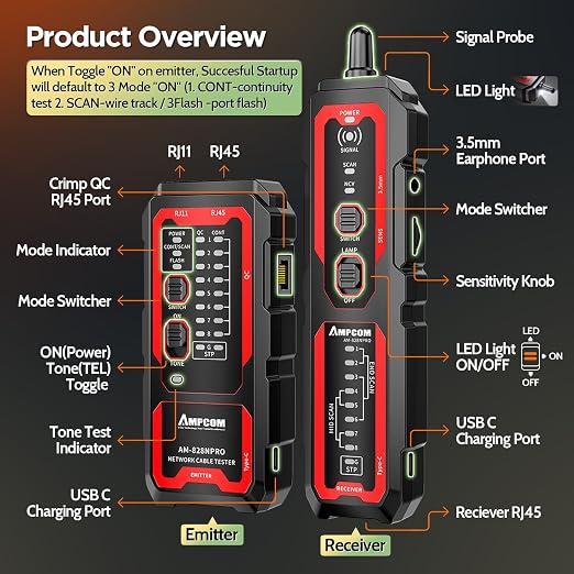 AMPCOM Rechargeable Tone Generator and Probe Kit, Wire Tracker & Cable Tracer - Image 4