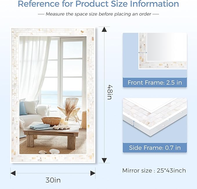 Tanmicoshomy 30 x 48 Inch White Bathroom Mirror, Natural Shell Framed Rectangular Mirrors for Bedroom, Living Room or Entryway, Wall Mounted Horizontal or Vertical Hanging