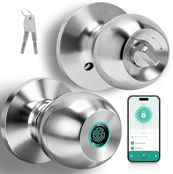 UMIK UMIKSMART Fingerprint Door Lock, Smart Door Knob, Keyless Entry Door Lock with App Control, Thumbprint Door Knob with Backup Key, Suitable for Home, Bedroom, Apartments, Garage, Office - Sliver