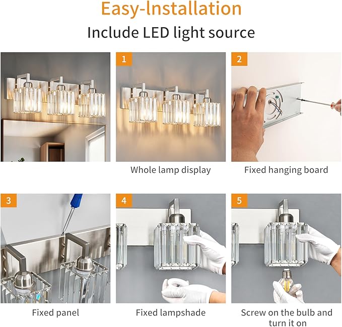 FDPBY Modern Bathroom Vanity Light 3-Lights Brushed Nickel Vanity Light Crystal Wall Light Bathroom Light Fixtures