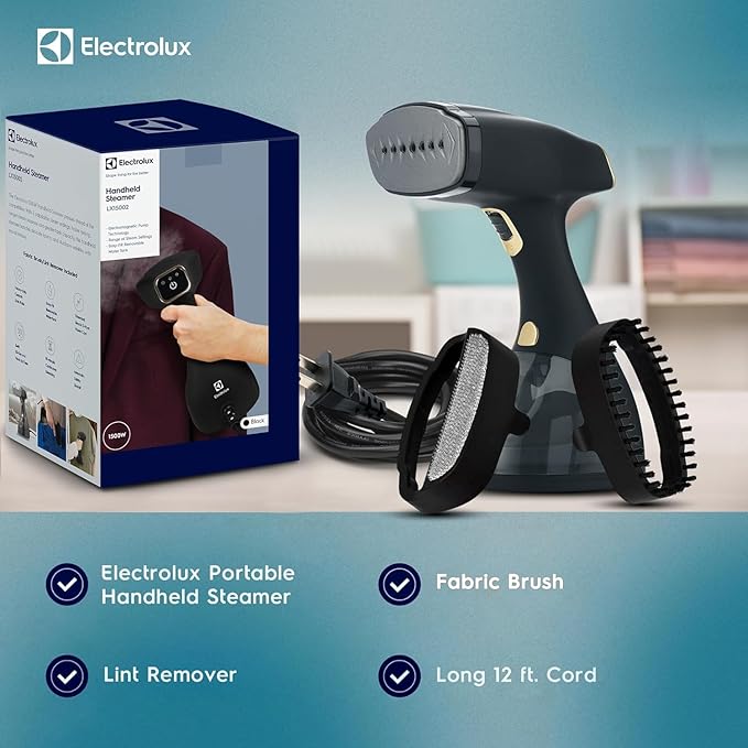 Electrolux Steamer for Clothes, 1500 Watt Portable Handheld Fabric and Garment Steamer with Lint Remover & Fabric Brush, Ultra-Fast Heat Up, 18 Min Continuous Steam for Powerful Wrinkle Remover, Black