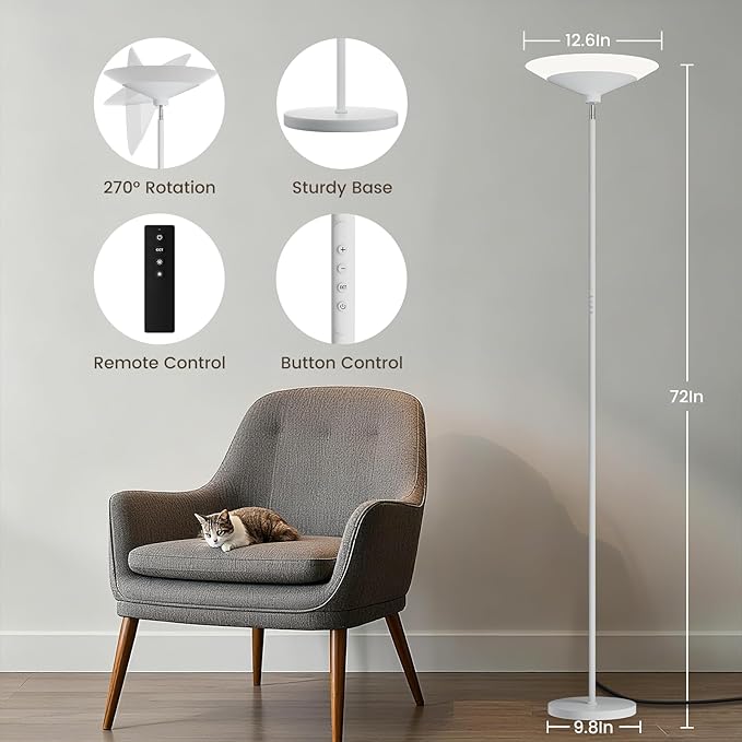 SIBRILLE White Torchiere Floor Lamp - 30W Dimmable LED Standing Lamp with Remote/Button Control, 1800Lm, 3000-6500K, 72in Bright Standing Pole Light for Living Room Bedroom Office Corner