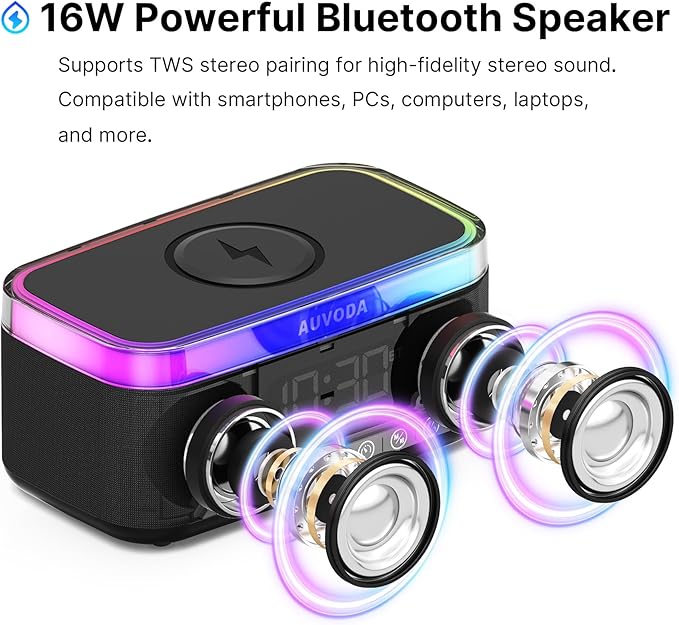 AUVODA S300 Portable Bluetooth Speaker with 15W Fast Wireless Charging, 13-Color Dimmable Night Light, White Noise, Alarm, FM Radio, 16W Stereo, BT5.3, TWS, for Home, Office, Bedroom (Black)