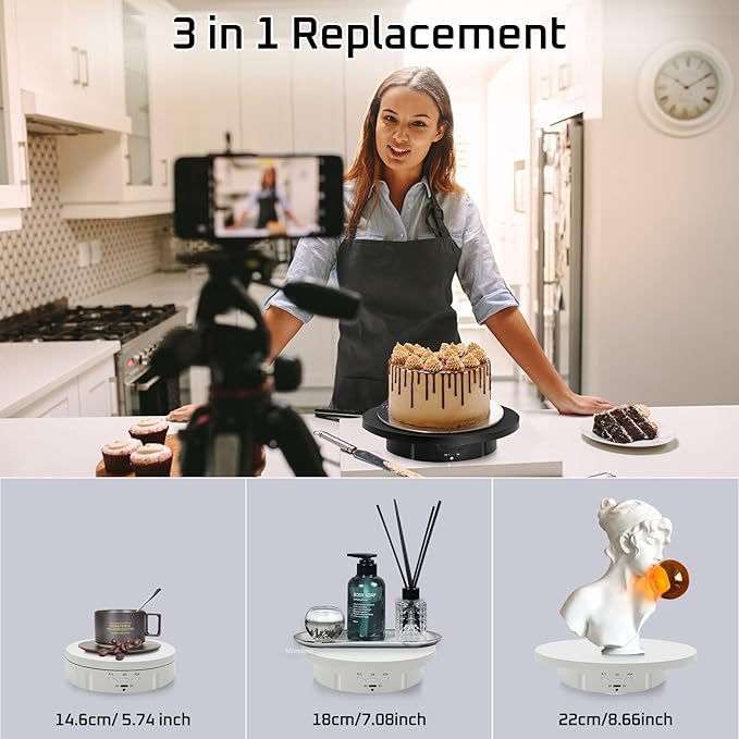 JAYEGT 3in 1 Motorized Rotating Display Stand with 5.74/7.08/8.66 inch Replacement Cover，Max 22lbs Load, 360 Electronic Turntable for Photography Products (3 in1 / White/with Remote Controller)