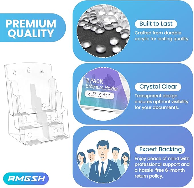 AMGSH 2 Pack 3 Tier Brochure Holder 8.5” x 11” - Acrylic Literature Holder with Removable Divider for 4” x 9” Brochure, Clear Flyer Holder Pamphlet Display Stand
