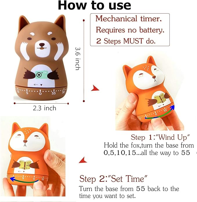 NUOSWEK Mechanical Kitchen Timer, Cute Animal Timer for Kids, Wind Up 60 Minutes Manual Countdown Timer for Classroom, Home, Study and Cooking (Brown Lesser Panda)