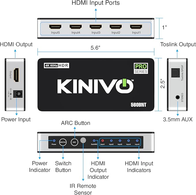 Kinivo HDMI Switch with Audio Extractor 560BNT (5 in 1 Out Hub, Toslink Optical Audio Port, SPDIF, 4K 60Hz Switcher, 18Gbps, IR Remote) - Compatible with Gaming Console, Cable TV, PC, Dolby Digital