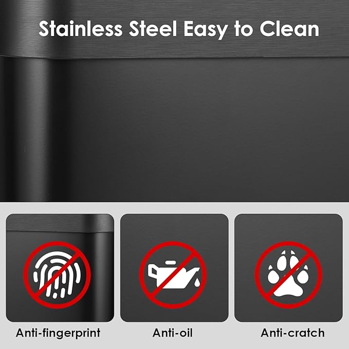 Arlopu Automatic Trash Can,Sensor Motion Stainless Steel Garbage Bin, Touchless Smart Waste Bin, W/Stay-Open, Soft Close Lid, Display Light for Kithchen, Living Room, Office (Black, 18.5gal)