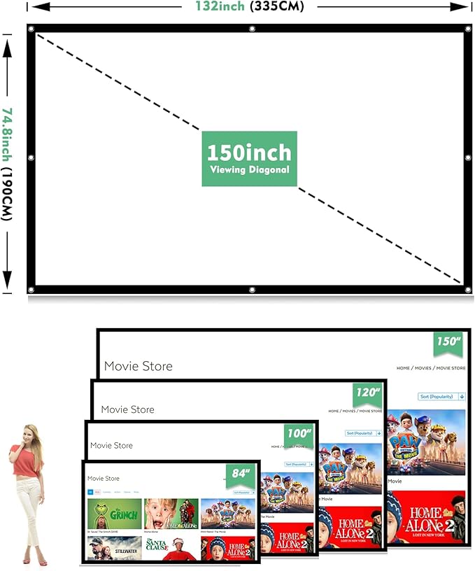 Projector Screen 150 inch, Taotique 4K Movie Projector Screen 16:9 HD Foldable and Portable Anti-Crease Indoor Outdoor Projection Double Sided Video Projector Screen for Home, Party, Office, Classroom