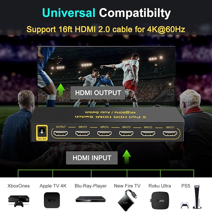 FlyroadUp HDMI Switch 4K@60Hz HDMI 2.0 Switcher 5 in 1 Out with Remote, Support Dolby Vision Dolby Atmos HDR10 HDCP2.2 CEC, Compatible with PS5/4/3 Xbox Nintendo Roku Apple TV Fire Stick