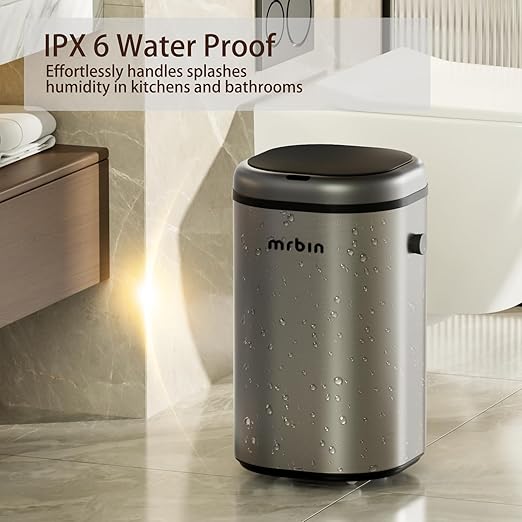 MRBIN Stainless Steel Adsorption Motion Sensor Trash Can Removable, 18L / 4.8gal Automatic Absorbing Bag Lidded Garbage Bin with Wheels, Waste Basket for Kitchen, Bathroom, Eclipse Grey