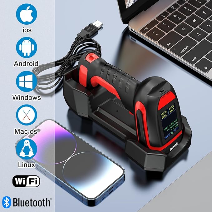 Symcode 2D Industrial Barcode Scanner with Charging Stand and Screen, 433Mhz 2-in-1 Bluetooth Wireless Hands-Free Barcode Reader Rugged Heavy Duty 2000 Feet Transmission Distance for Large Warehouse.