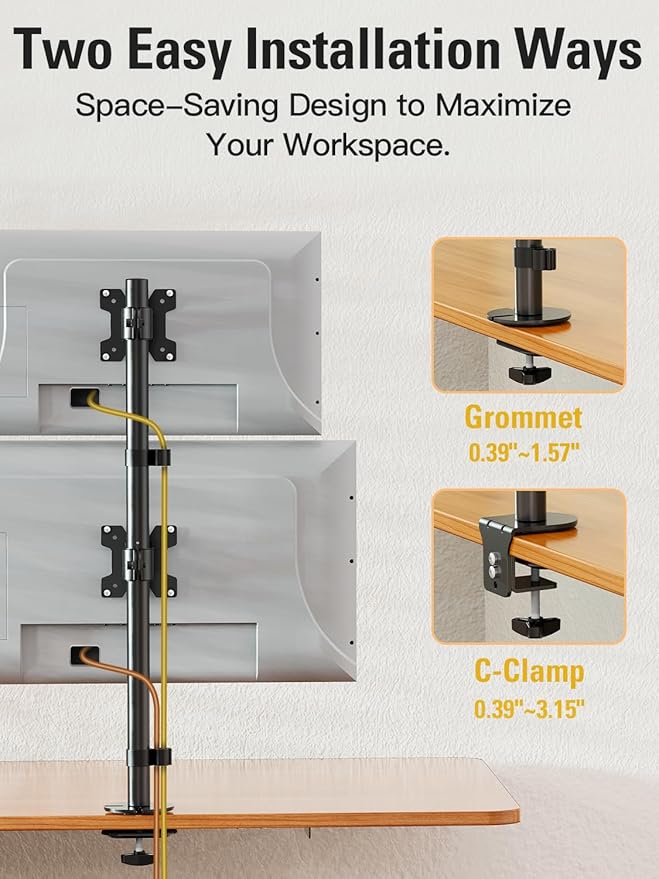 DreamAxis Stable Vertical Dual Monitor Stand, Stacked Monitor Mount for 2 Screens Up to 32 inch, Full Motion Monitor Desk Mount with Swivel, Tilt, Rotation, Holds 17.6 lbs Each, Max VESA 100x100mm