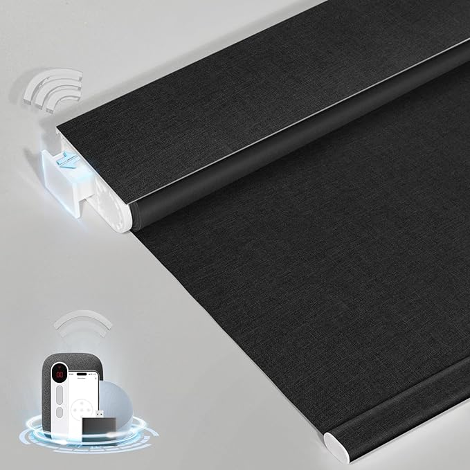 MANSNIX Smart Motorized Blinds with Remote, Cordless No-Drill Automatic Roller Shades, Blackout Electric Blind for Windows, Black, 29.5 x 72