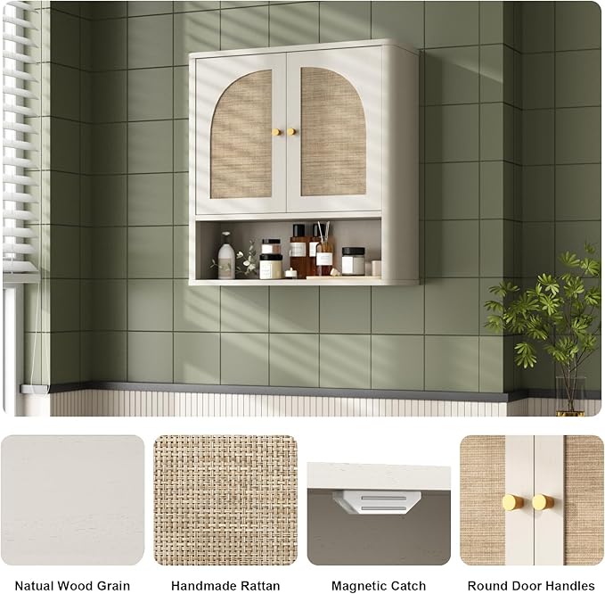 RUSTOWN Rattan Bathroom Wall Cabinet, Over The Toilet Storage Cabinets with 2 Arched Doors, Modern Medicine Cabinet with Adjustable Shelf & Rounded Edges, Mid-Century Bathroom Organization