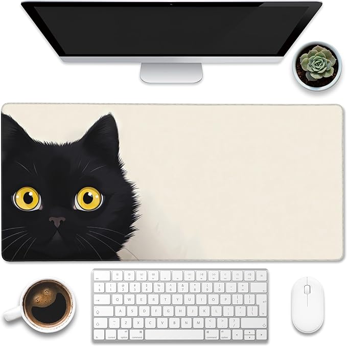 Eflxamz Desk Pad,Black Cat Desk Mat,Cute Cat Large Gaming Mouse Pad for Desk,Extended Big Computer Keyboard Mouse Pad with Non-Slip Base and Stitched Edge,35.4"x15.7"
