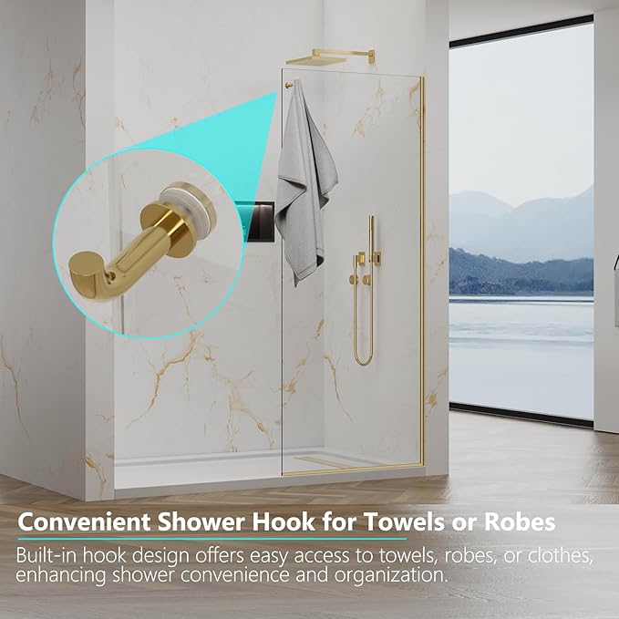 Shower Screen,32"W * 76"H Single Shower Glass Panel, 3/8"(10mm) Tempered Glass, Shower Wall Panels, Fix Shower Glass Screen for Bathroom - Brushed Gold