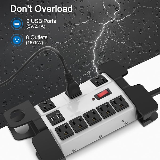 CCCEI Heavy Duty Power Strip with USB, Workshop 8 Outlet Surge Protector 2700 Joules, Industrial Metal 15Amp Power Strip, 20 FT Extension Cord and Wide Spaced Grey.
