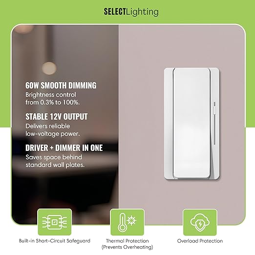 Select LED 60W 12V DC Driver and Dimmer Light Switch, 120VAC Decora Dimmer Switches for LED Lights, Preset Dimmer with On/Off 3-Way Switches