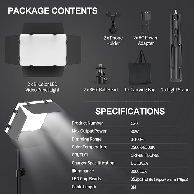 2 Pack LED Video Light with Barndoor, 30W Photography Lighting with Tripod Stand - Image 5