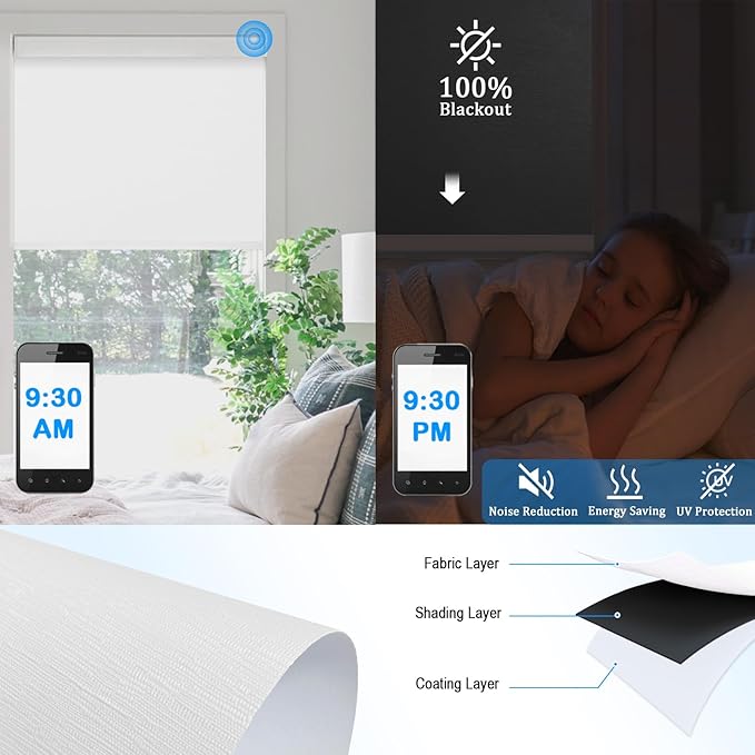 COOLWINDS Motorized Blinds with Remote Cordless Automatic Motorized Shades Custom Blinds for Windows Smart Curtains Compatible with Alexa Google Home(Blackout Jacquard White,W49 x H72in)