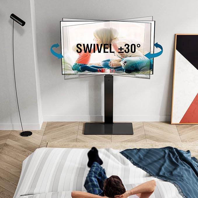 FITUEYES Swivel Floor TV Stand with Mount for TVs 37 43 50 55 60 65 70 75 Inch LCD LED Flat/Curved Screens Universal Swivel Televisions TV Mount Stand for Bedroom Living Room Black Tempered Glass Base