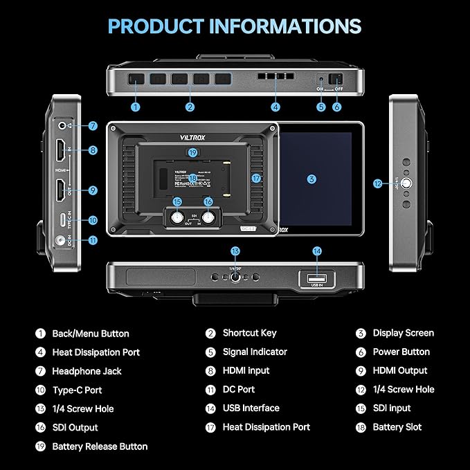 VILTROX DC-L2 7 inch SDI Camera Monitor, 1280x800 IPS HD Touch Screen Camera Field Monitor with 4K HDMI & SDI in/Out, 600 Nit, 3D LUT, Focus Peaking, Video Assist, Full Waveform, F550 Battery