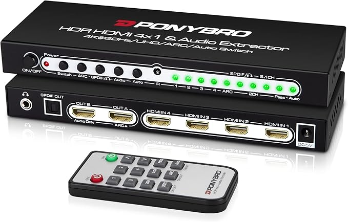 PONYBRO HDMI 2.0 Switch 4 Port with Audio Extractor – 4K@60Hz HDR10, Optical/AUX/ARC Audio Output, Auto-Switching for PS5/Xbox/Soundbar, Dolby Digital & DTS Support, Remote Included.