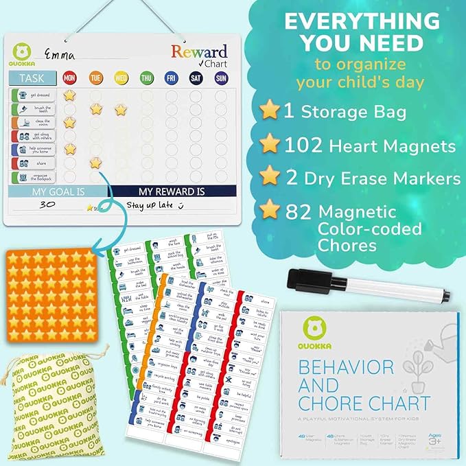 QUOKKA Reward Chart for Kids - Magnetic Behavior Chore Chart for Kids at Home - Dry and Erase Routine and Responsibility - Use 84 Magnets & 102 Stars - from Toddlers to Teens